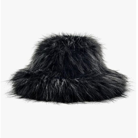 Black Soft Faux Fur Bucket Hat with Wide Brim Oversized Winter Warmer Fisherman‎ - Picture 1 of 8